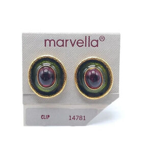 Marvella Vintage Clip-On Earrings Gold Tone Red Cab Green Enamel Christmas